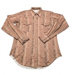 VTG 70s Men's Western Pearl Snap Shirt Tan Geometric Floral Rodeo Cowboy Large